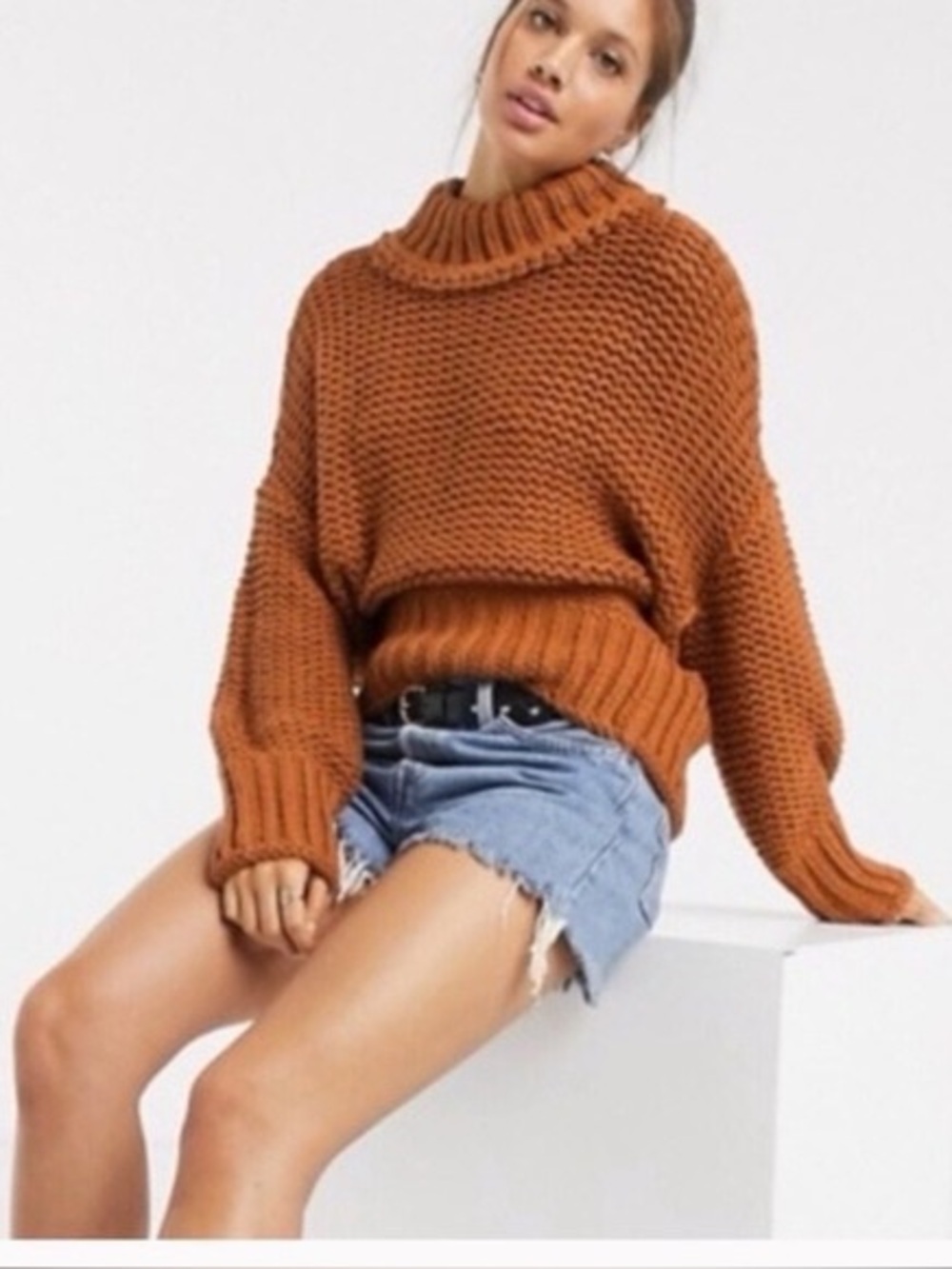 Free People My Only Sunshine Chunky Rust Turtleneck Sweater Size Large